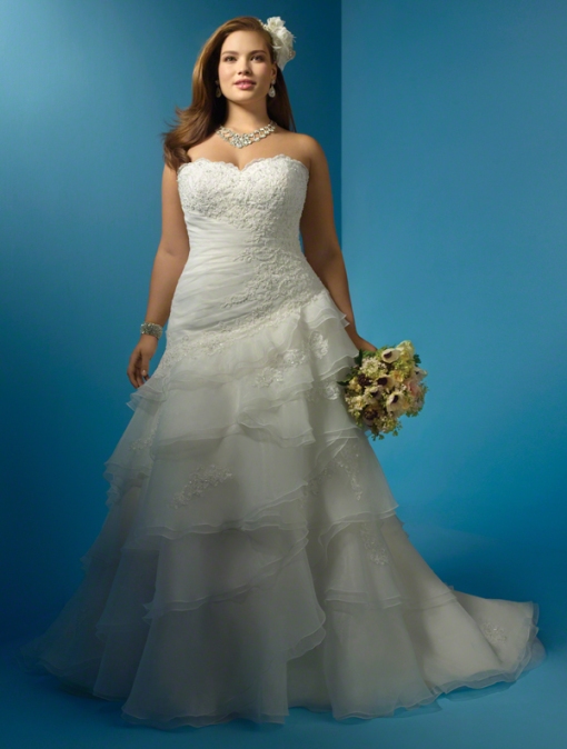 Alfred Angelo Style 2123W Organza, Re-Embroidered Lace, Rhinestones, Crystal Beading & Sequins Optional Modesty Piece & Spaghetti Straps Chapel Train Sizes: 0 to 26W